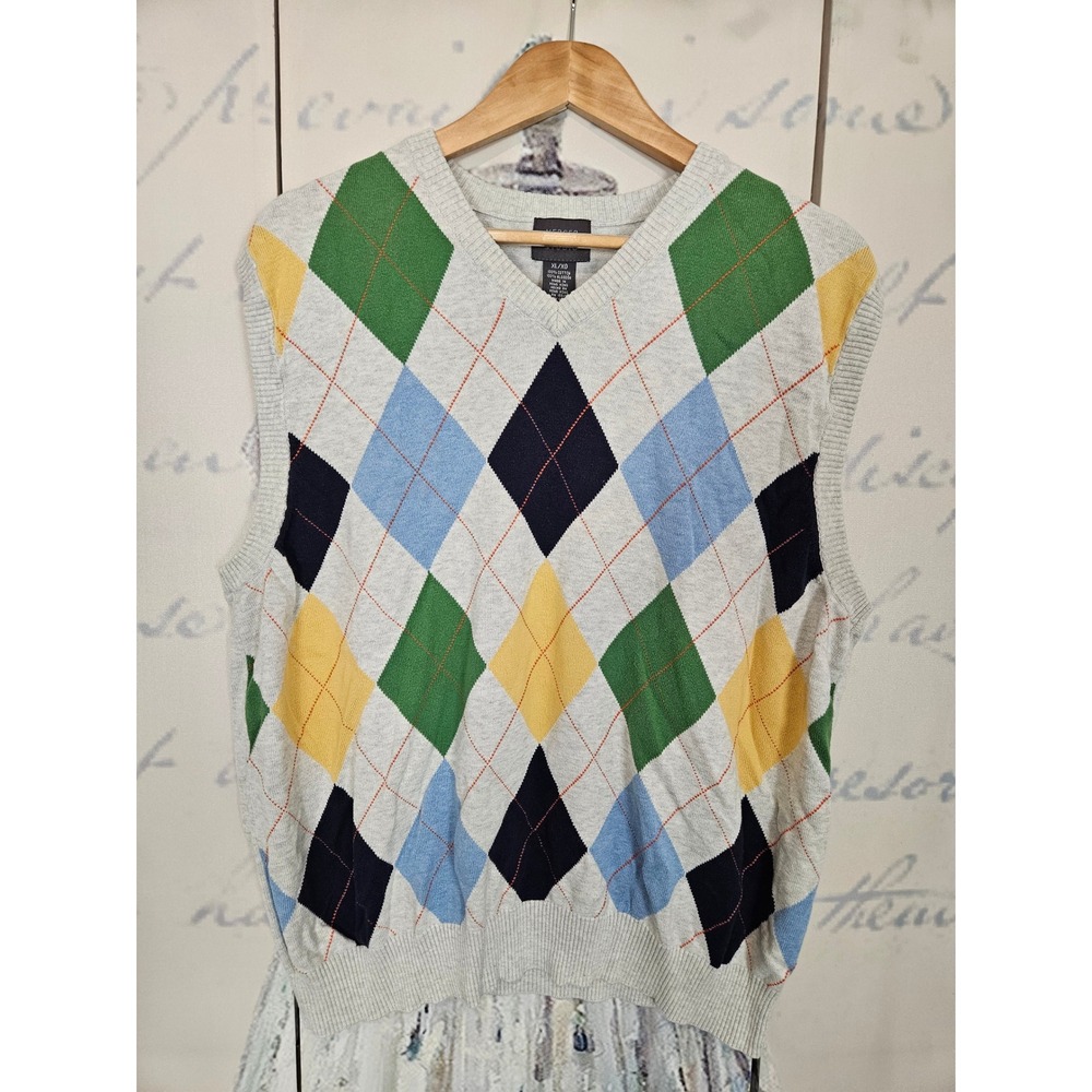 Mercer Street Studio Mens XL Argyle Sweater Vest Gray Blue Green Cotton V-Neck